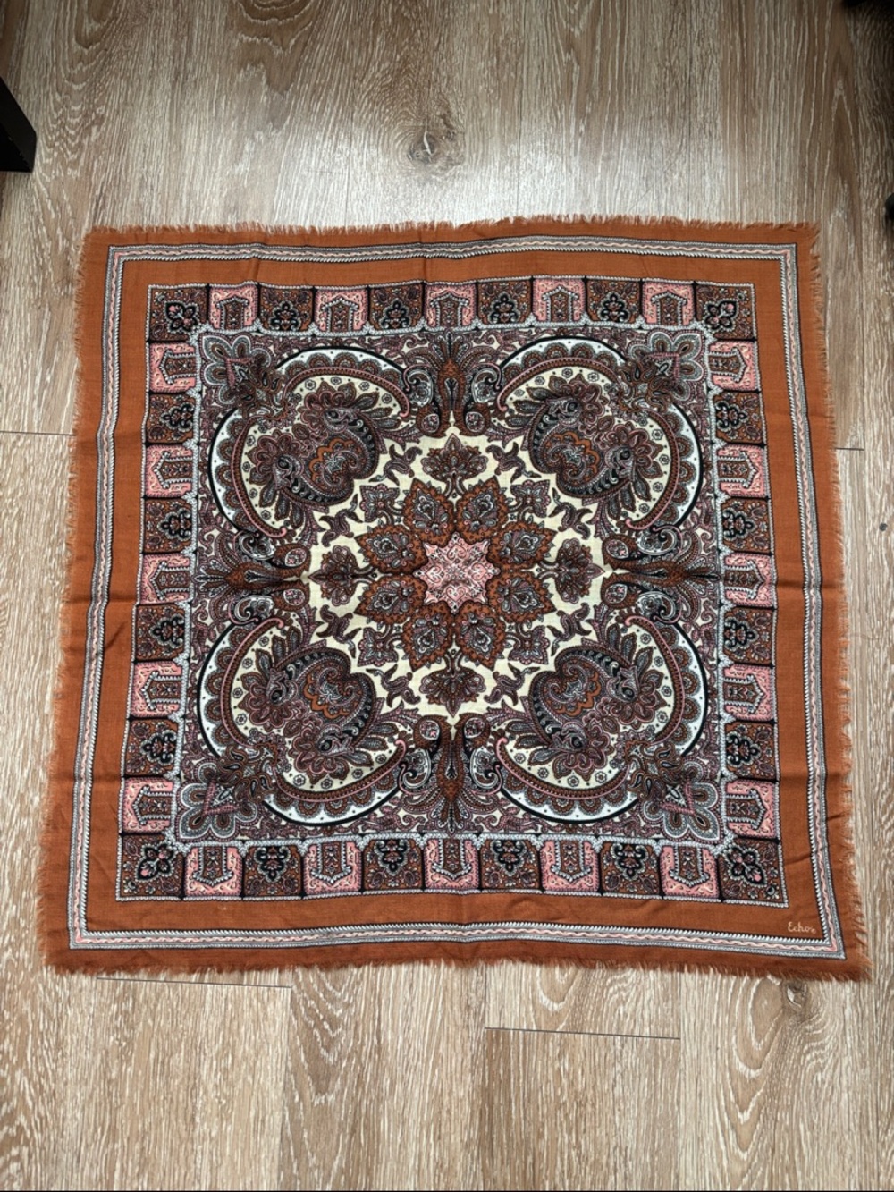 vintage Echo paisley print scarf, orange/rust/pink. 25” square